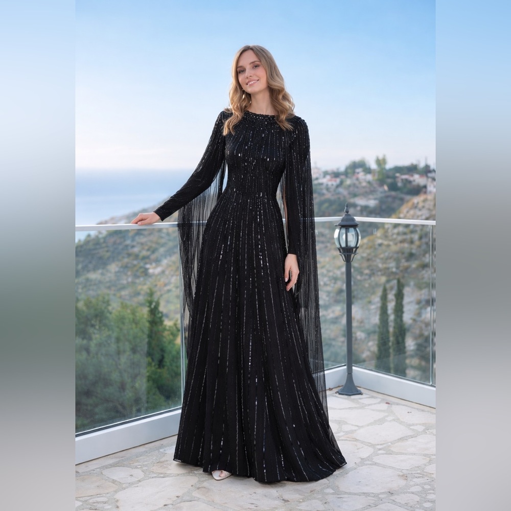 Mac Duggal Sequin Embellished Long Sleeve Capelet Column Gown